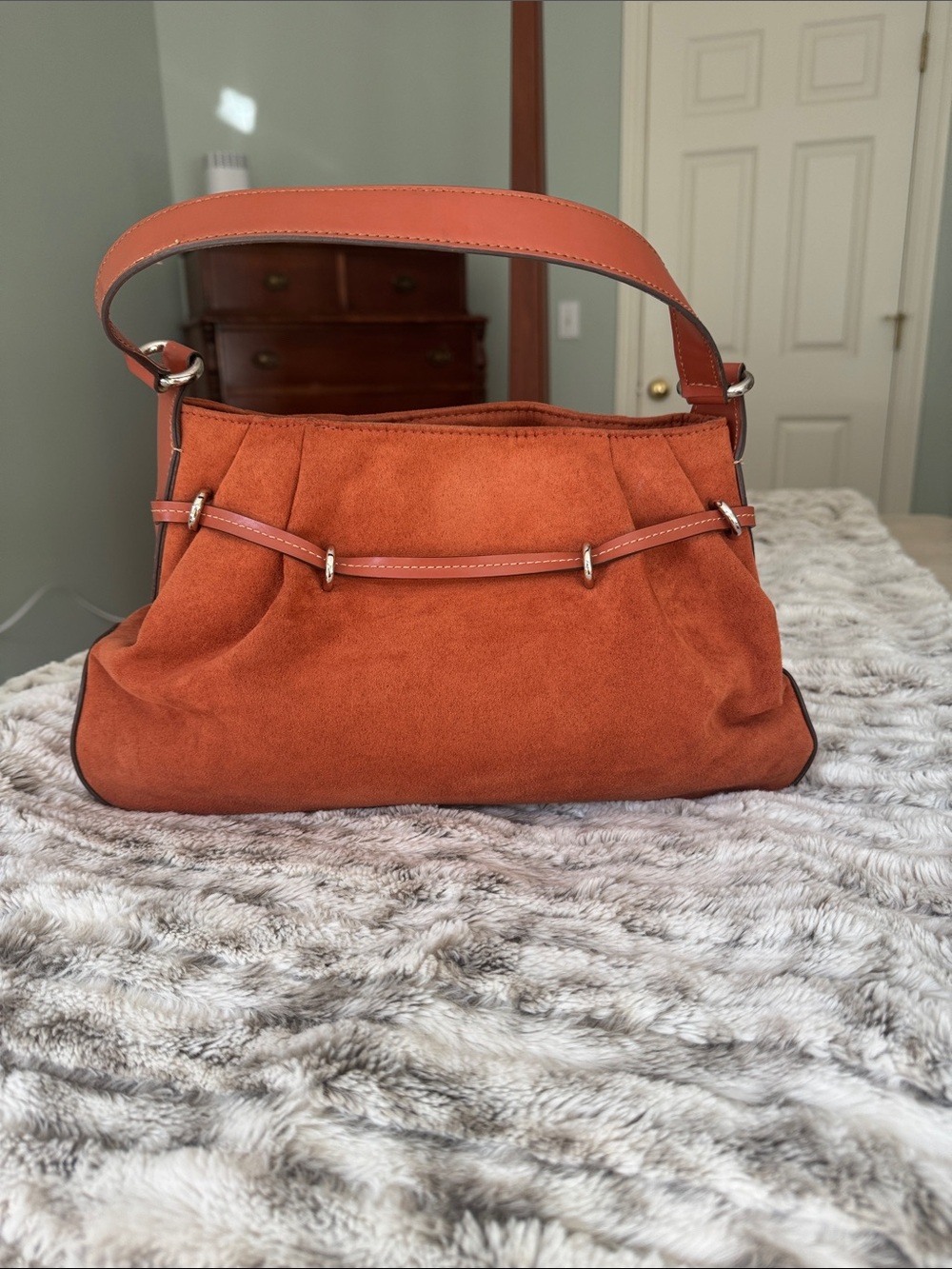 Mondani Suede Shoulder Bag in Rust Orange
